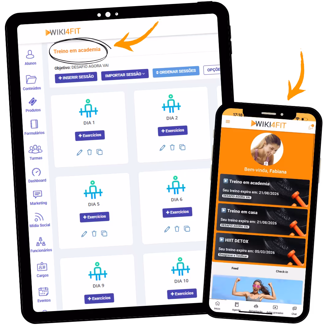 Mockup do app Wiki4Fit — painel do personal e app do aluno